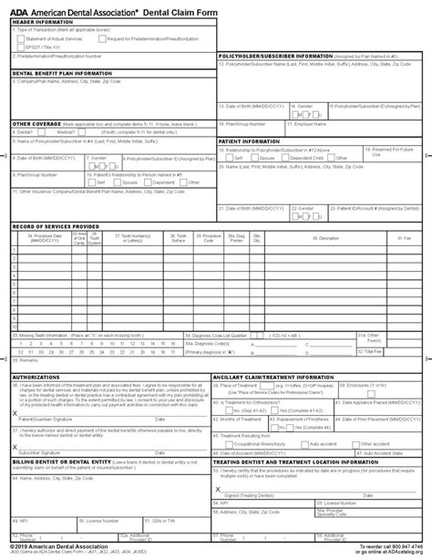 2019 Ada Dental Claim Form Fillable Template Download