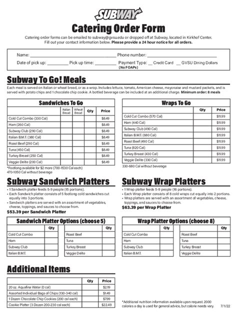 5 Easy Subway Order Form Printables