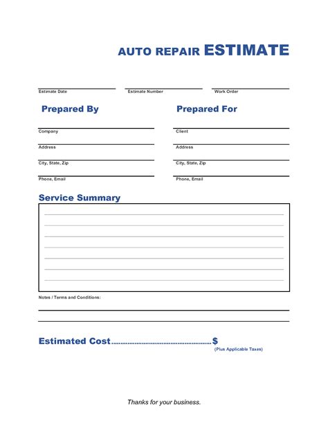 5 Free Auto Repair Estimate Forms To Download