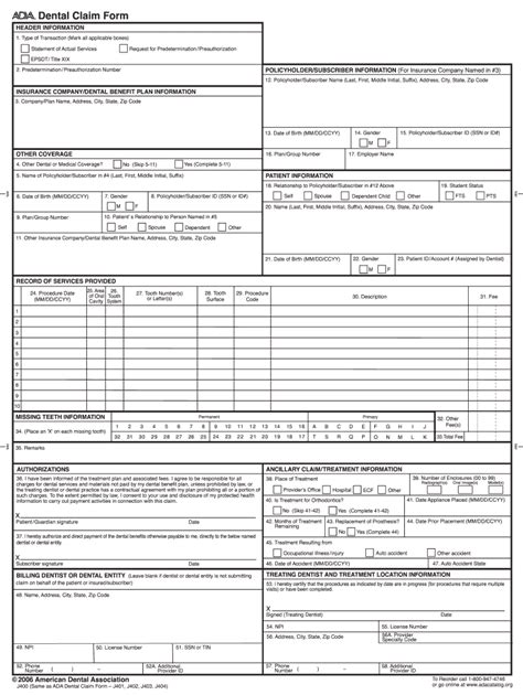 Ada Dental Claim Form Printable Template Download