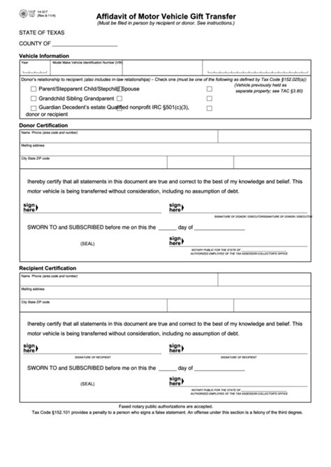 Affidavit Of Motor Vehicle Gift Transfer Form 14-317 Guide