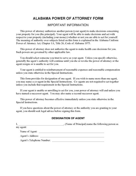 Alabama Free Printable Power Of Attorney Form Download