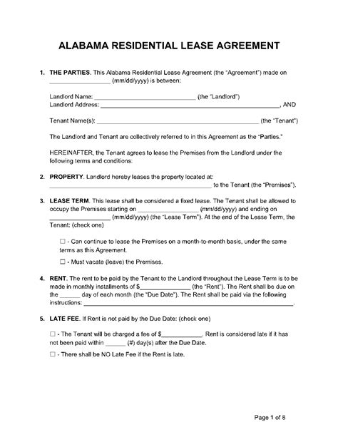 Alabama Residential Lease Agreement Short Form Template