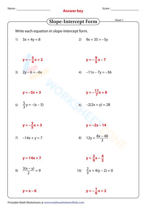 Algebra 1 Slope Intercept Form Worksheet Answers