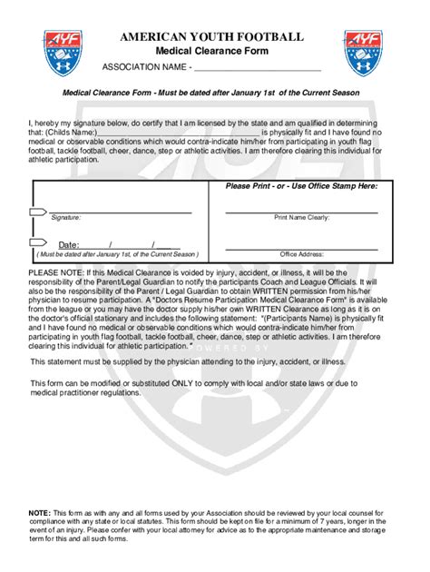 American Youth Football Medical Clearance Form Requirements