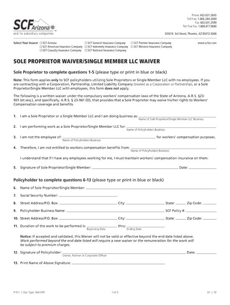 Arizona Sole Proprietor Workers Comp Waiver Form Guide