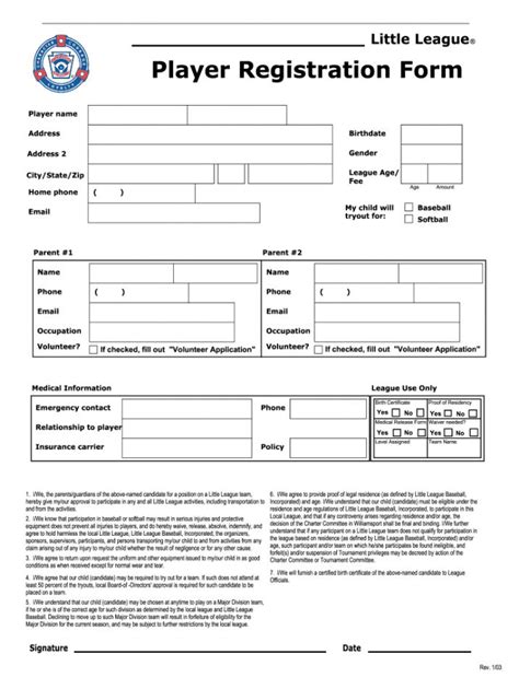 Baseball Registration Form Template Free Download