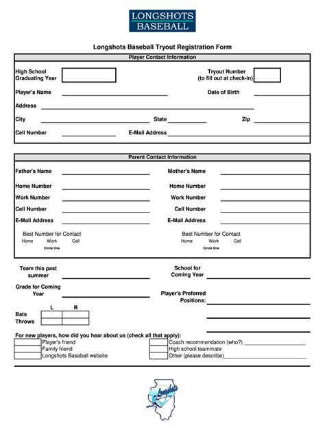 Baseball Tryout Registration Form Template For Coaches