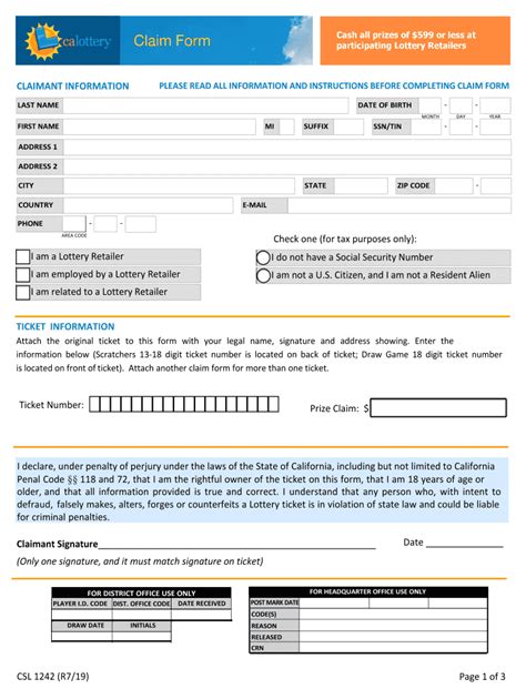 Ca Lottery Claim Form Printable Download And Instructions