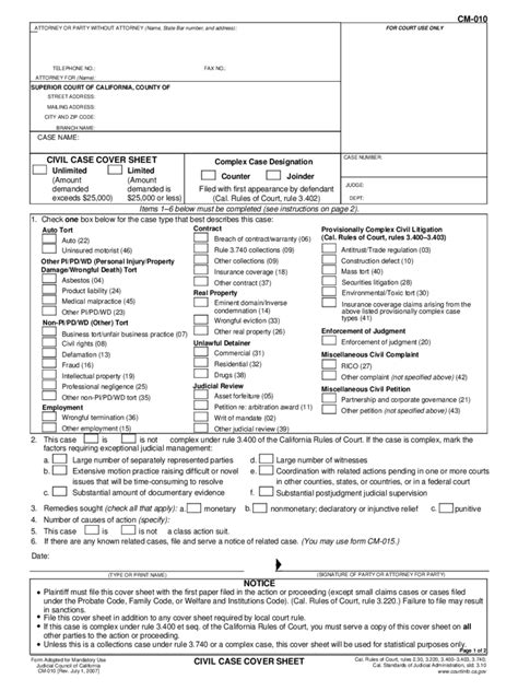 California Civil Case Cover Sheet Form Guide