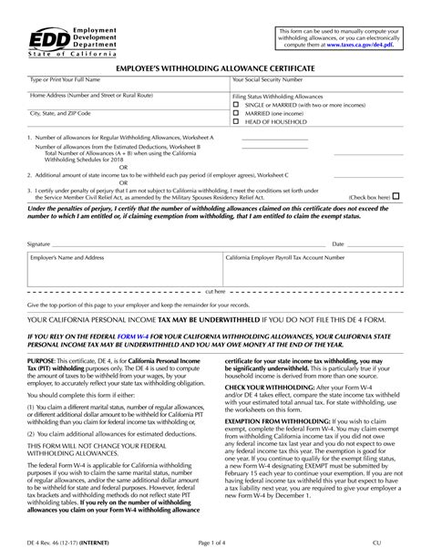 California De 4 Form: Employees Withholding Allowance Certificate