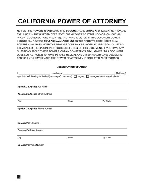 California Free Medical Power Of Attorney Form Download