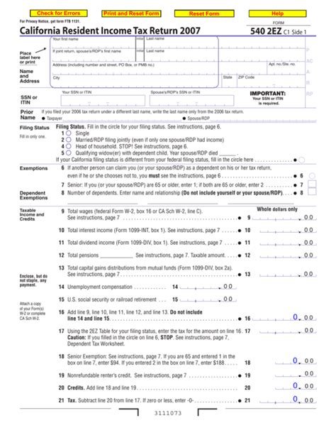 California Income Tax Return Form 540 2ez Filing Guide