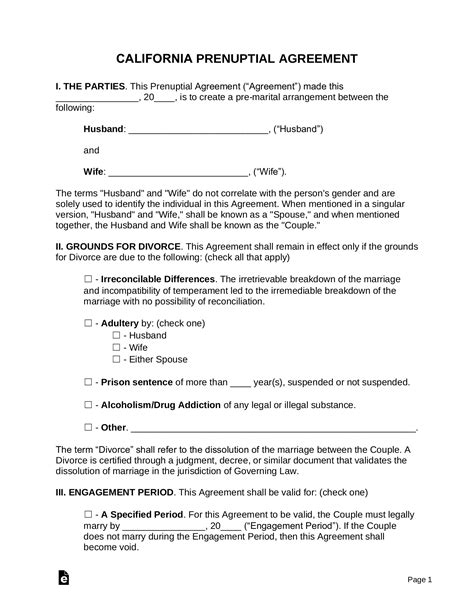 California Prenup Agreement Form: Free Printable Template