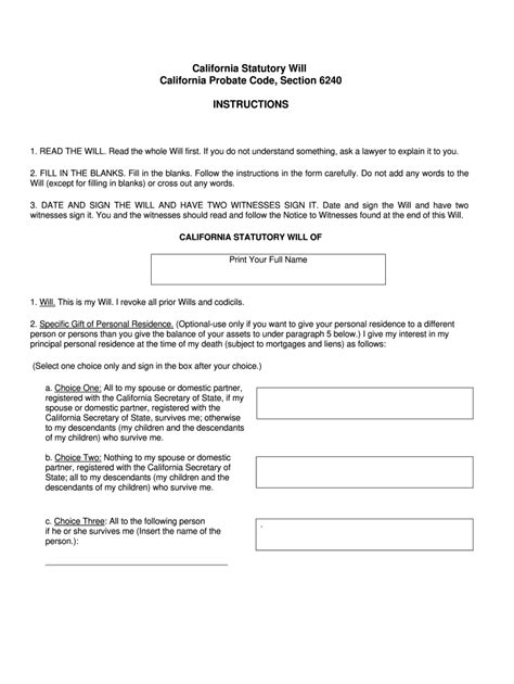 California Statutory Will Form Fillable And Free Download