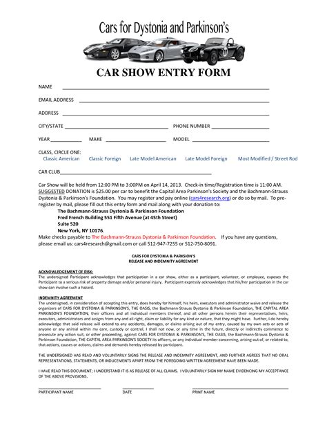 Car Show Registration Form Template Printable Download