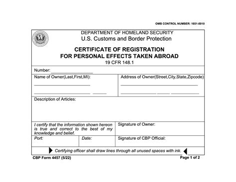 Cbp Form 4457: Certificate Of Registration For Personal Effects