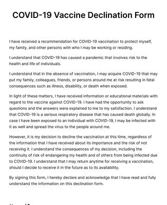 Covid Vaccine Declination Form Template And Sample