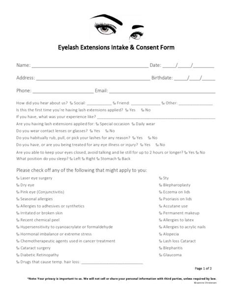 Eyelash Extension Waiver Form Printable Template