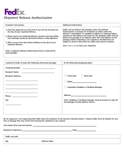 Fedex Signature Release Form Online: Easy Printing And Management