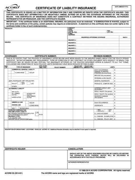 Fillable Acord 25 Form