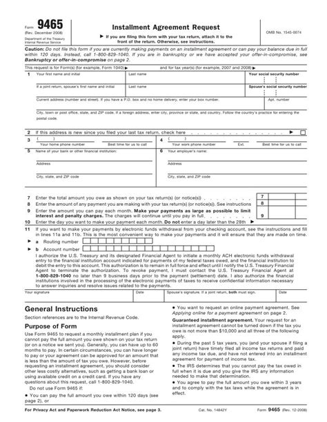 Fillable Form 9465: Easy Installment Agreement Application