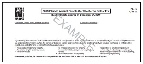 Florida Annual Resale Certificate Upload For Sales Tax Dr-13