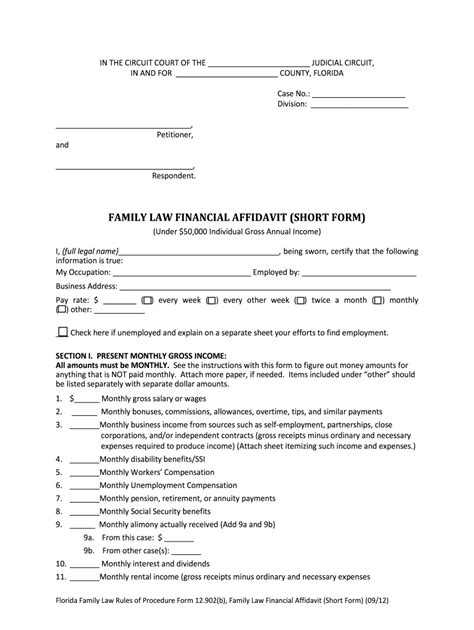 Florida Family Law Financial Affidavit Short Form Guide