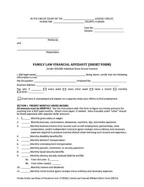 Florida Financial Affidavit Short Form Fillable Template Guide