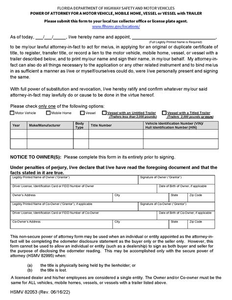 Florida Motor Vehicle Power Of Attorney Form Hsmv 82050