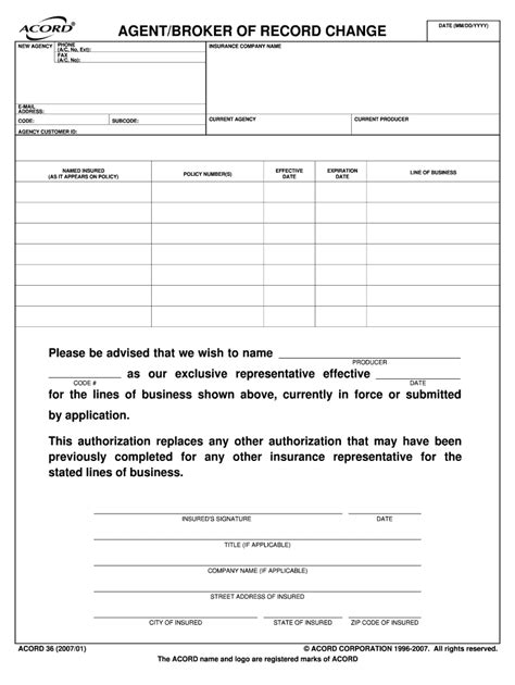 Free Acord Agent Of Record Form Template