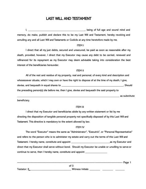 Free Blank Last Will And Testament Form Template