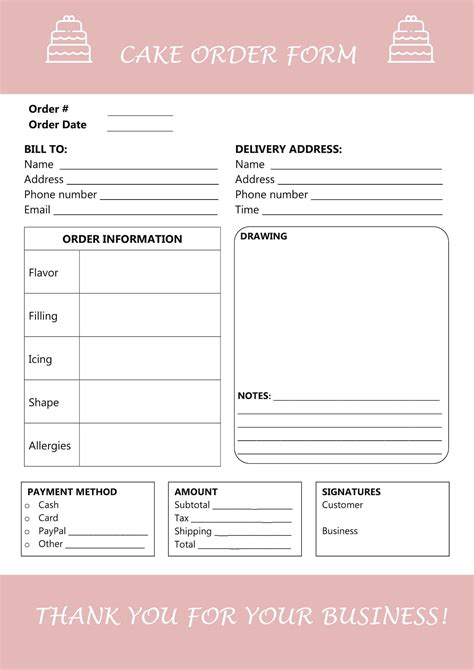 Free Cake Order Form Template For Bakeries And Sweet Shops