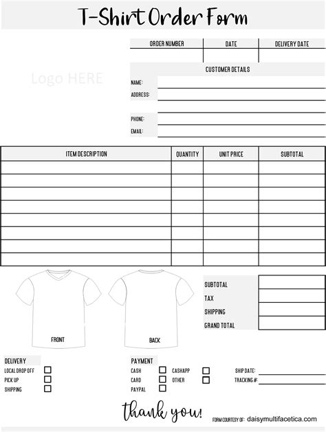 Free Custom T Shirt Order Form Template Download