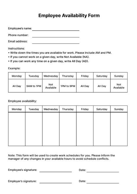 Free Employee Availability Form Template