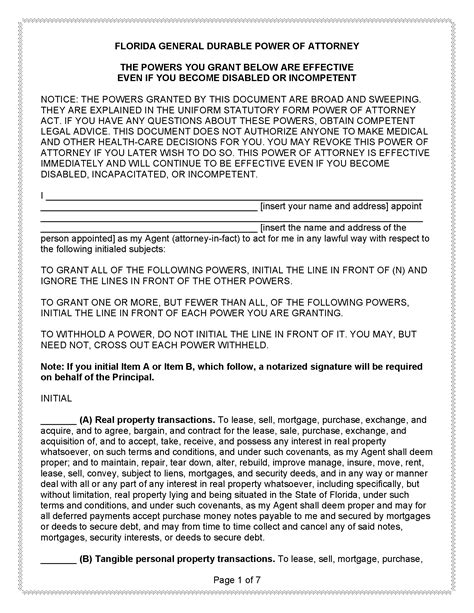 Free Florida Durable Power Of Attorney Form Printables