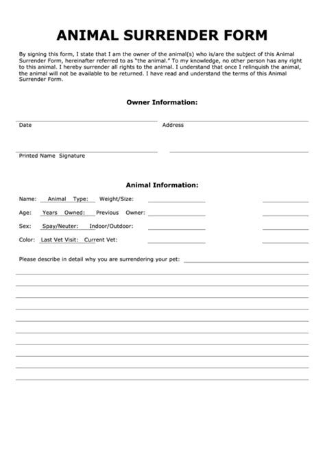 Free Printable Animal Surrender Form Template