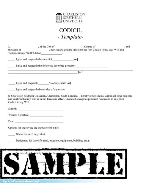 Free Printable Blank Codicil Form Template Download