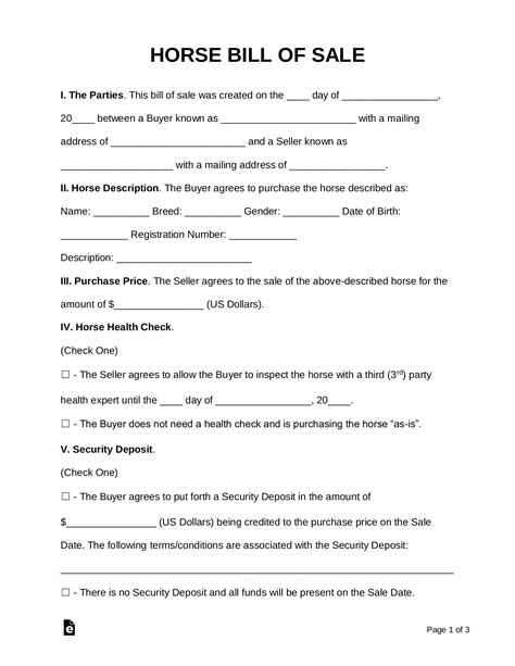 Free Printable Horse Bill Of Sale Form Template