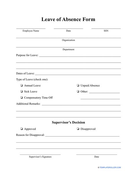 Free Printable Leave Of Absence Form Template