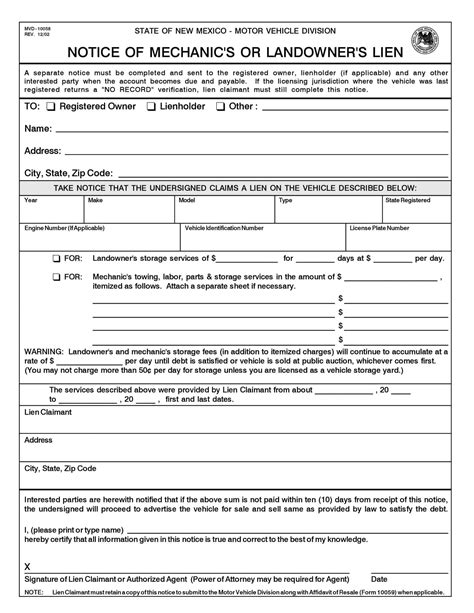 Free Printable Mechanics Lien Form Template