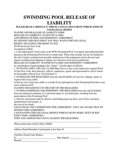 Free Printable Pool Waiver Form Template For Liability