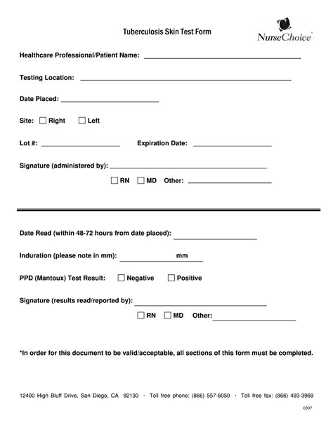 Free Printable Tb Skin Test Form Template For Employment