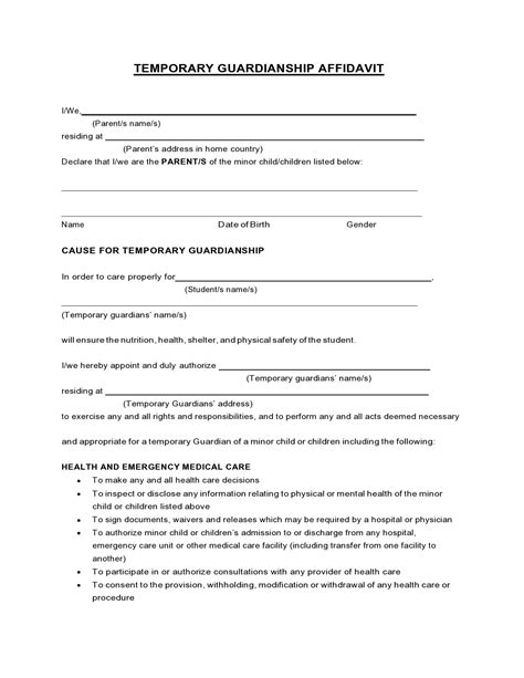 Free Printable Temporary Guardianship Form Download