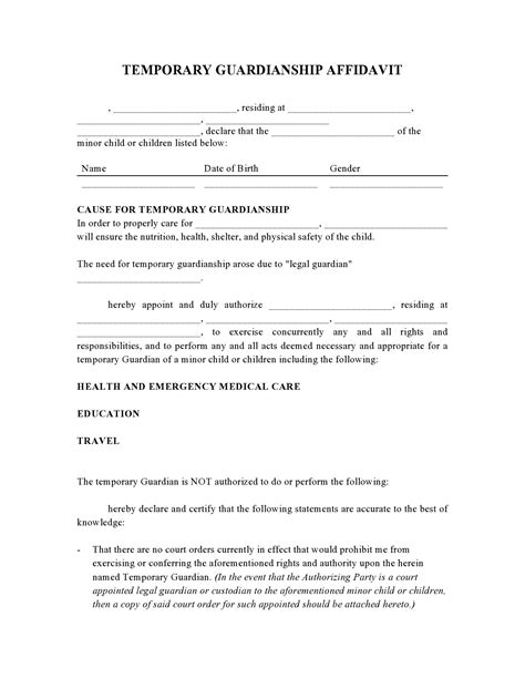 Free Printable Temporary Guardianship Form Pdf Download