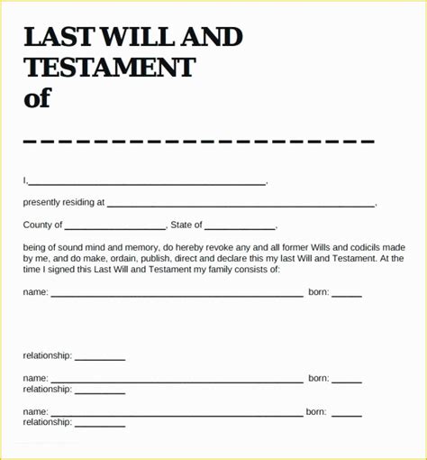 Free Printable Will And Testament Form Template