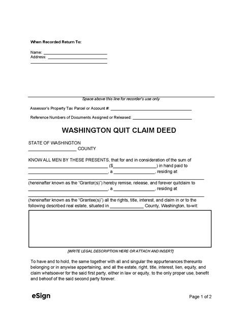 Free Quit Claim Deed Form Washington State Download