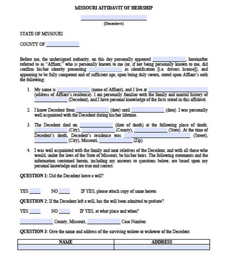 Free Small Estate Affidavit Form Missouri Download