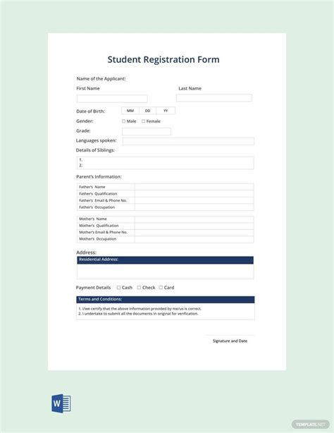 Free Student Registration Form Template Word Download