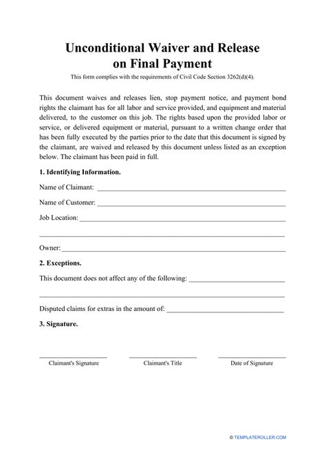 Free Unconditional Lien Waiver Form Template Download